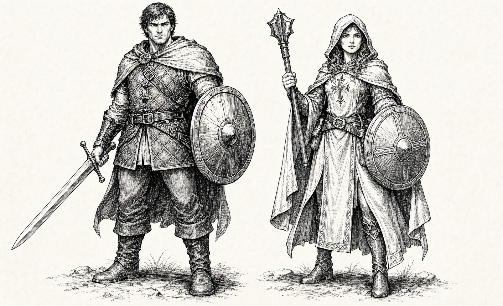 Black-and-white rulebook plate of a Warrior and Cleric