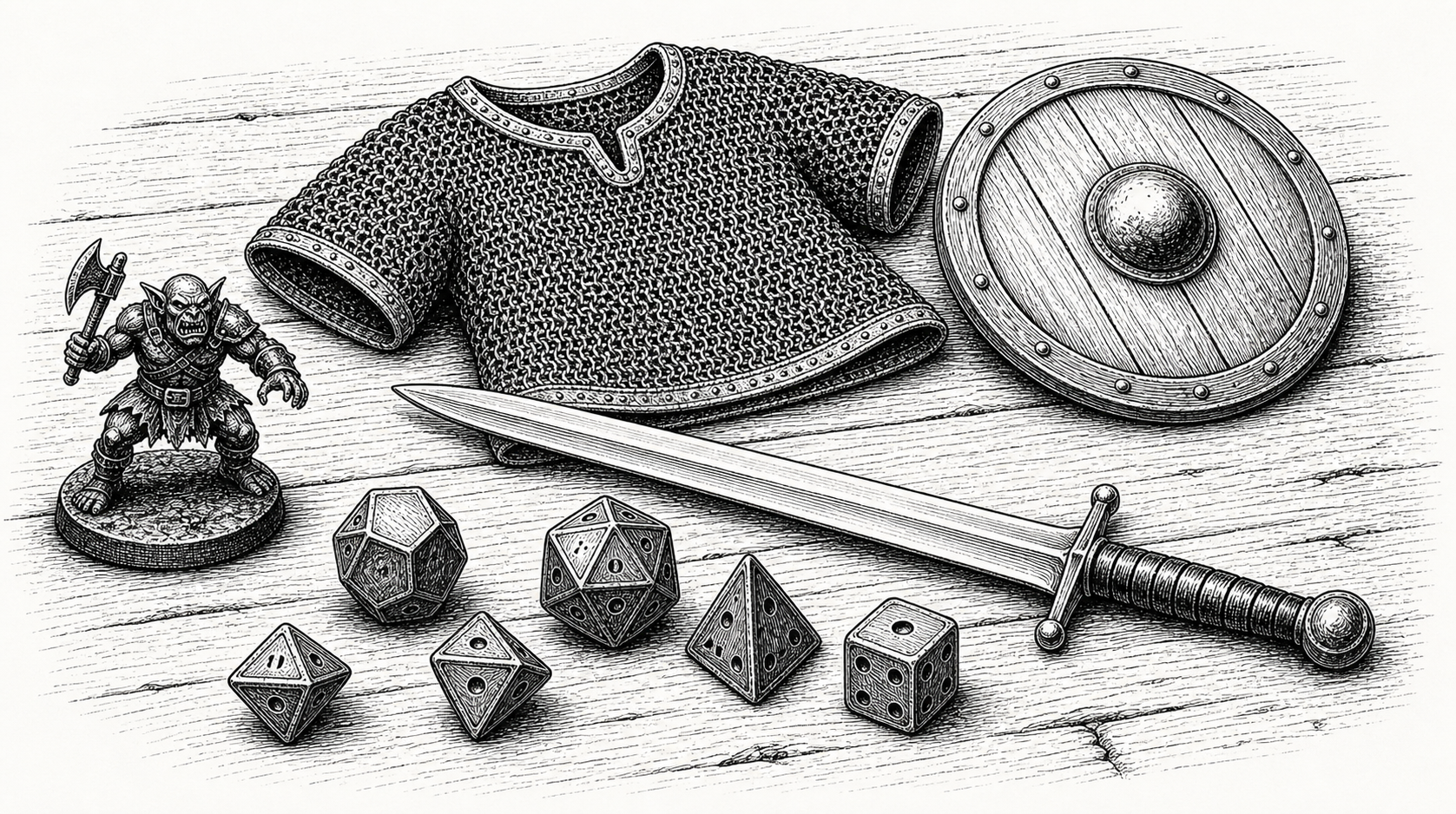 Black-and-white combat plate with dice, sword, armor, shield, and orc marker