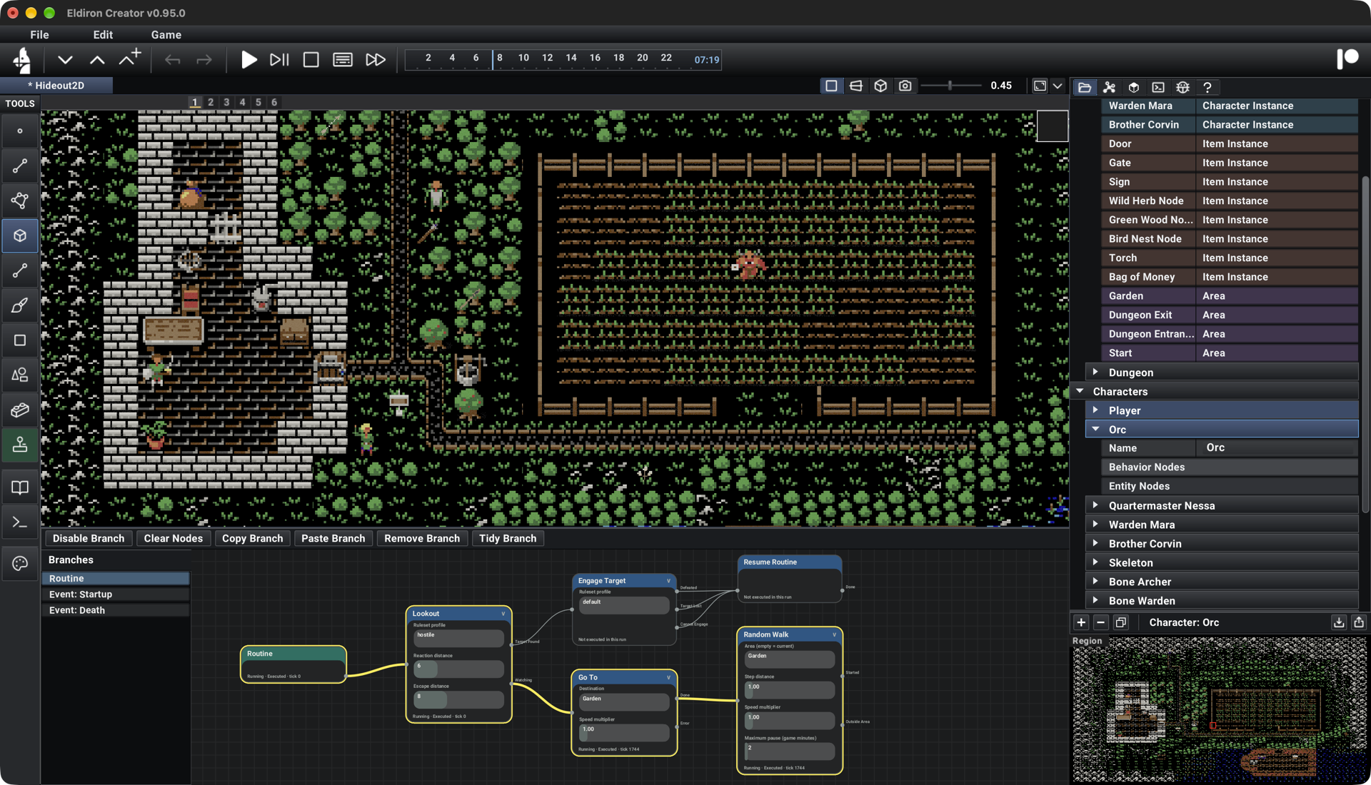 Eldiron Creator v0.95.0 showing Hideout 2D and an Orc routine with highlighted Behavior Nodes