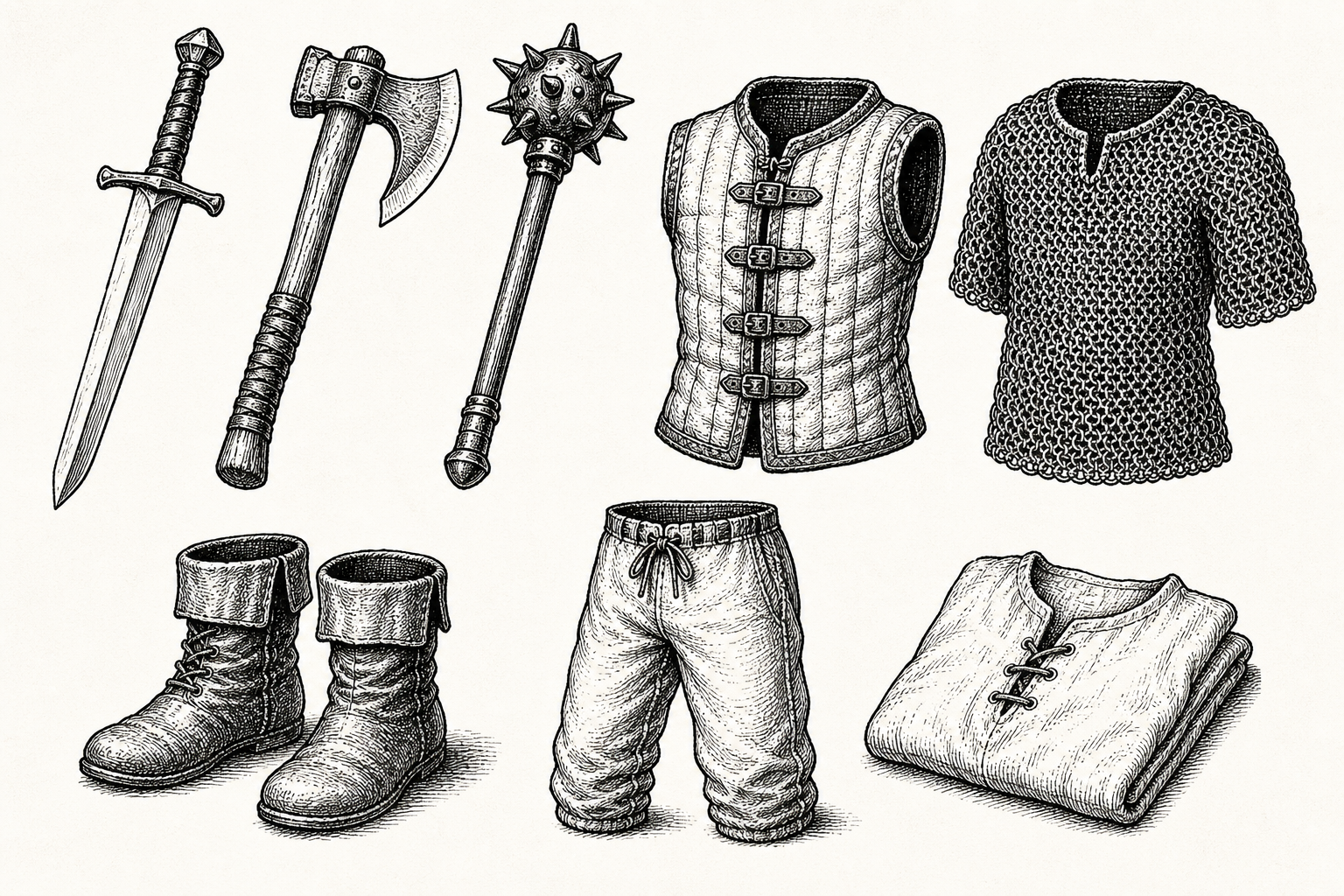 Black-and-white equipment plate showing weapons, armor, boots, trousers, and clothing