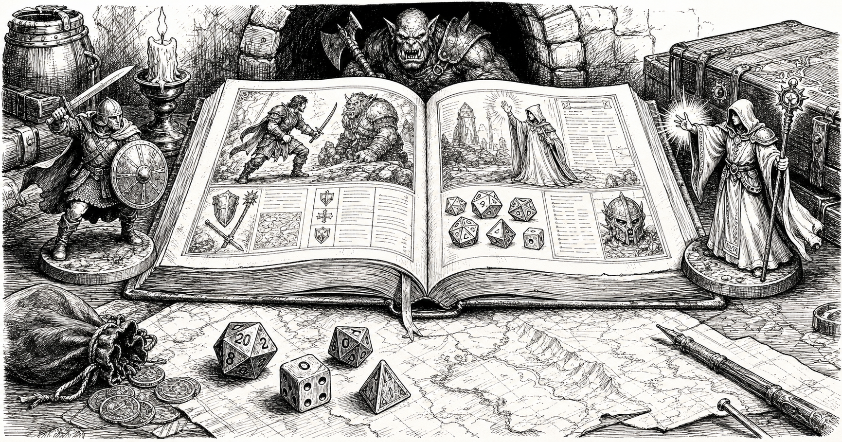 Black-and-white rulebook scene with adventurers, dice, and an open rules tome